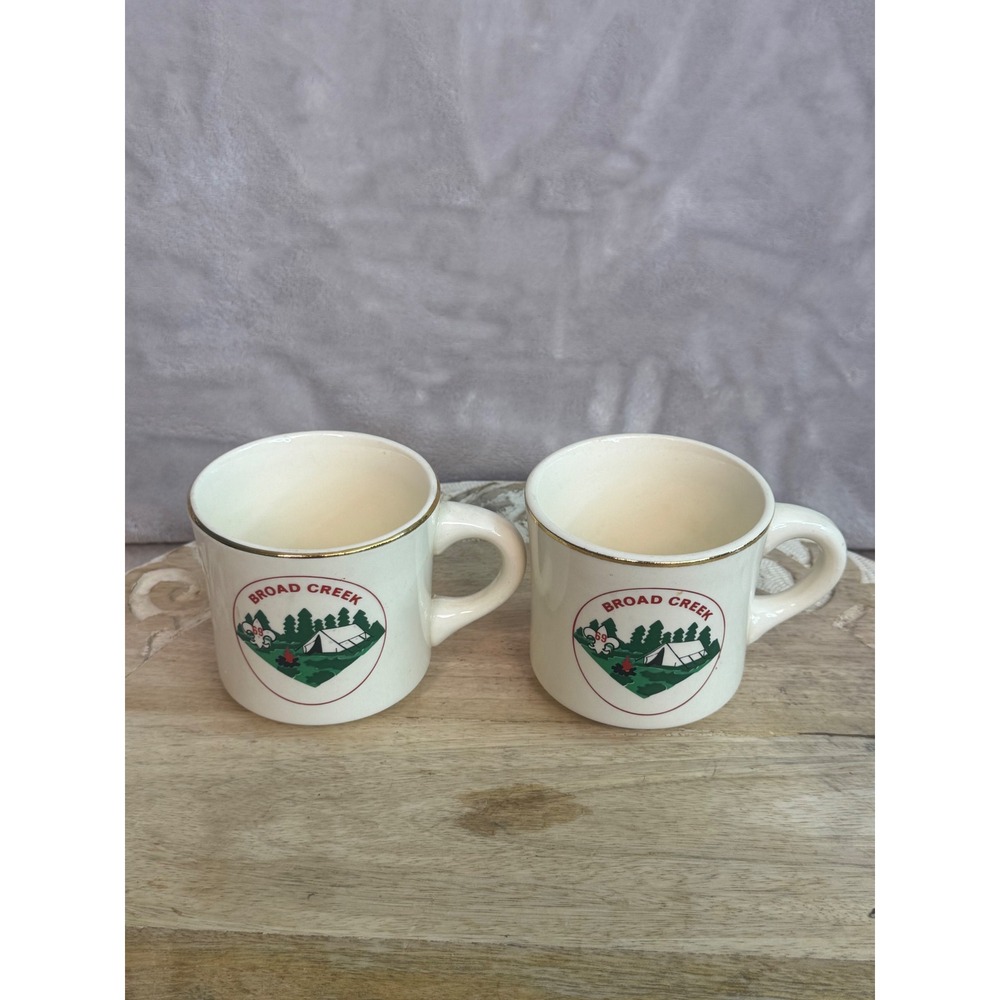 Vintage Broad‎ Creek Boy Scouts of America Coffee Mugs Set of 2 USA Made Cream